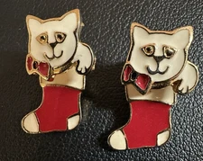 Vintage Berebi Pierced Earrings Christmas Cat Stocking Red Enamel Gold Tone