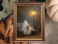 Ghost and Golden Retriever Painting, Cute Halloween Wall Art Print, Ghost Doodle