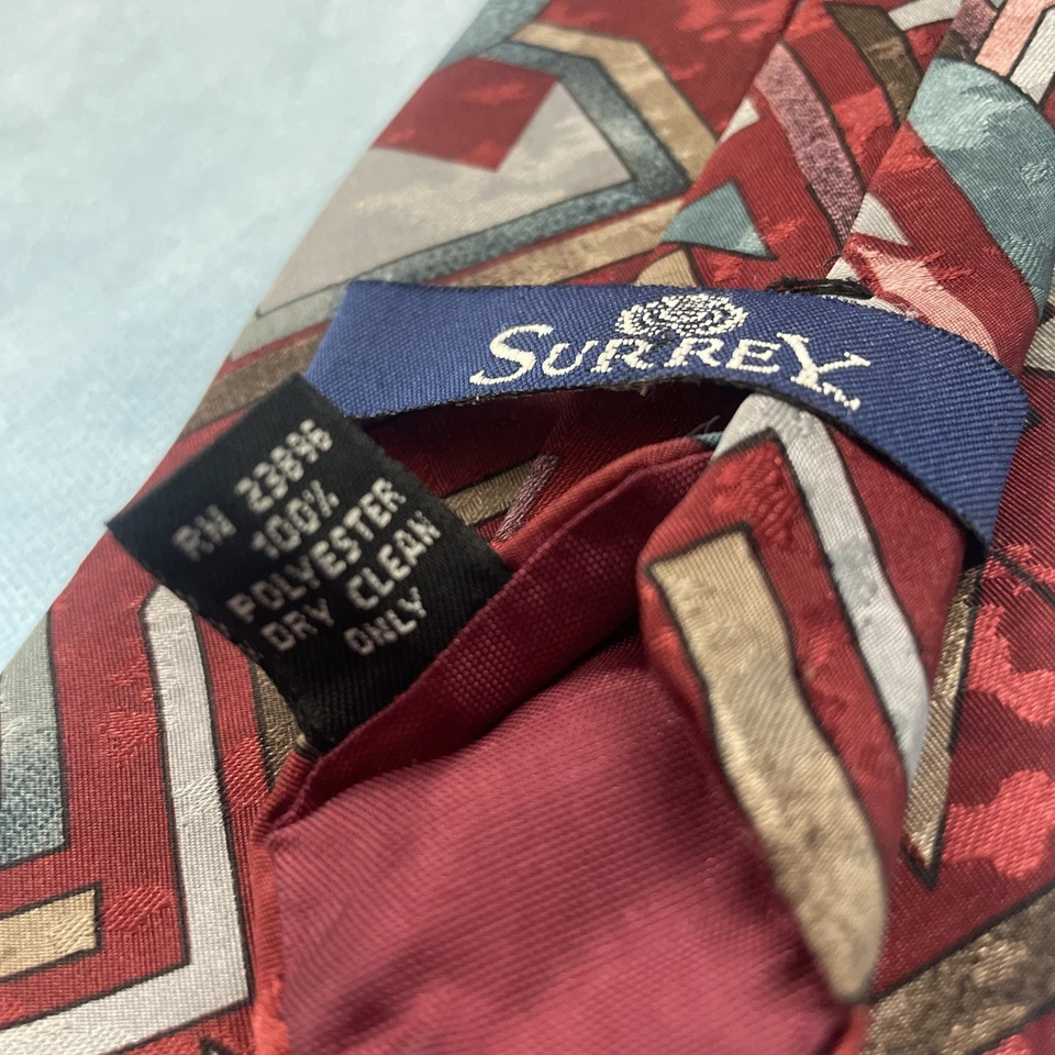 Corbata Surrey Roja Azul Hecha en EE. UU. De Colección Años 90 Arte Geométrico Abstracto Brillante 3.5" 57" Foto 4 de 4