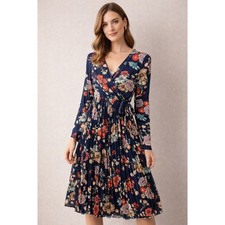 Pretty Little Thing Dress Womens 4 Navy Floral Long Sleeve Pleated Midi NEW