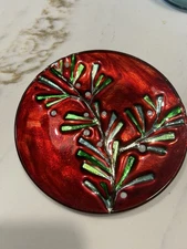 6inch Christmas Plate Red /Pine Needle Sprig And White Berries Silver Metalic