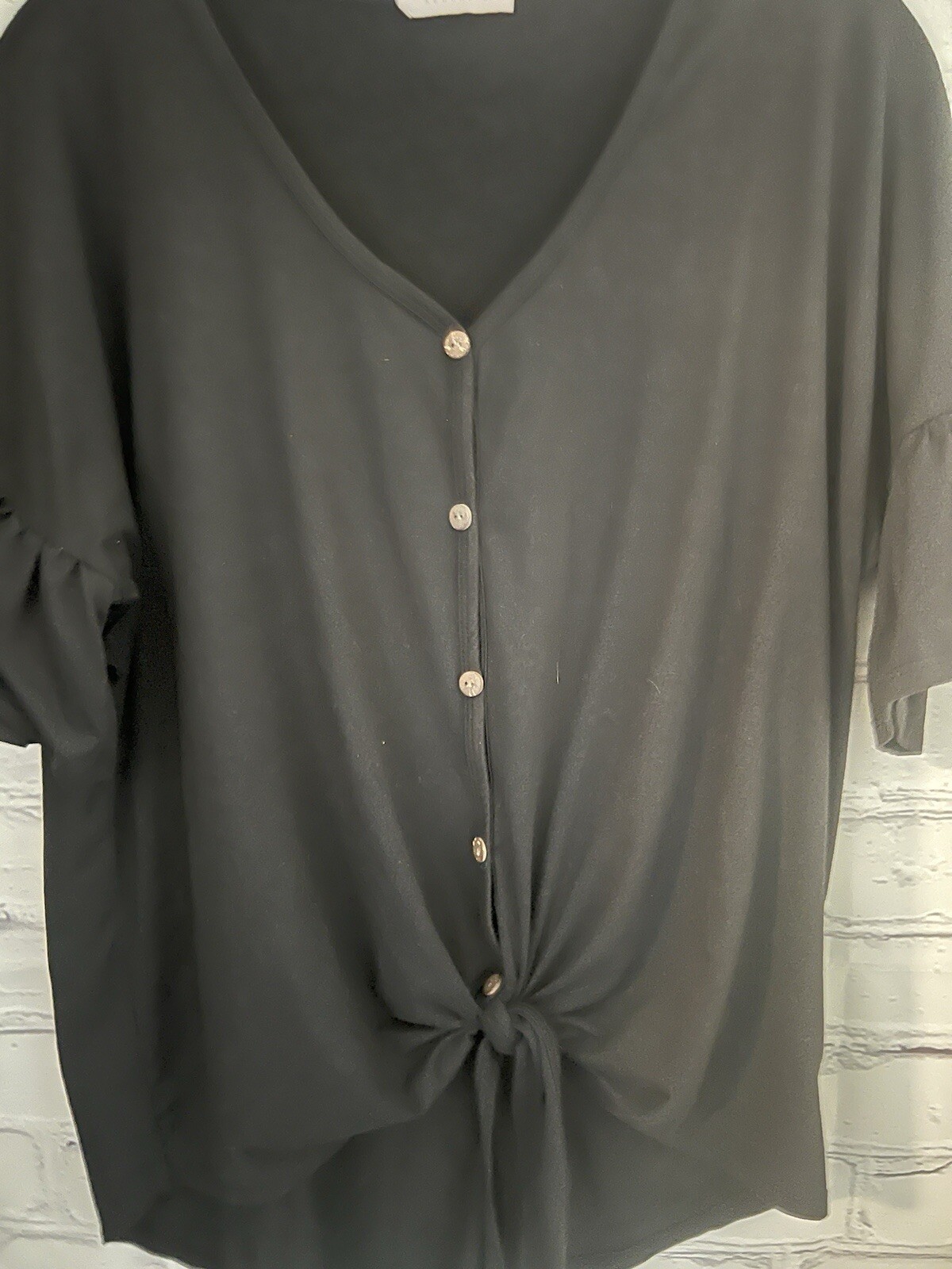Reborn J Solid Black Button Front V-Neck SUPER SO… - image 3
