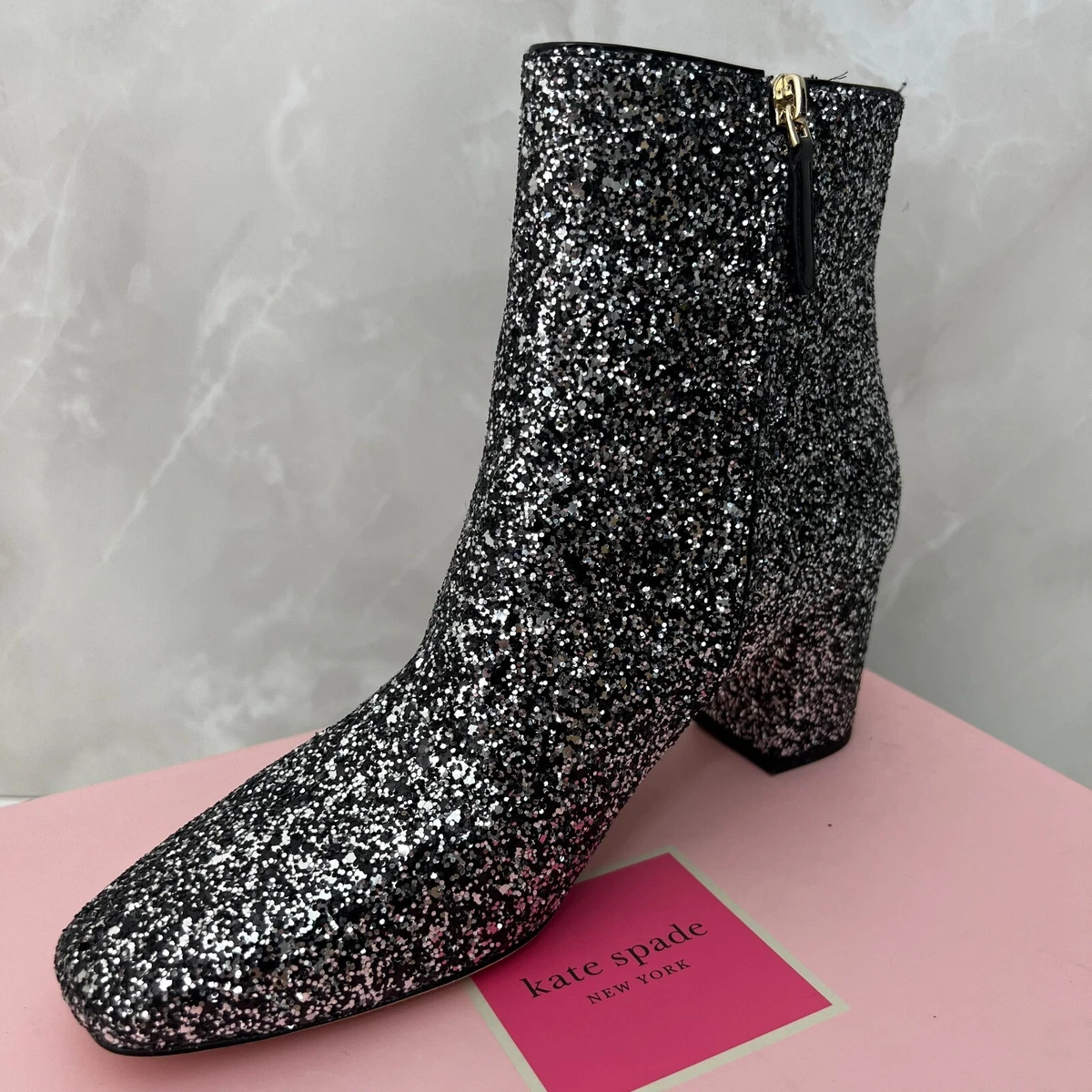 Kate Spade Womens Junelle Black Glitter Block Heel Bling Bling Dress Boots 9.5B