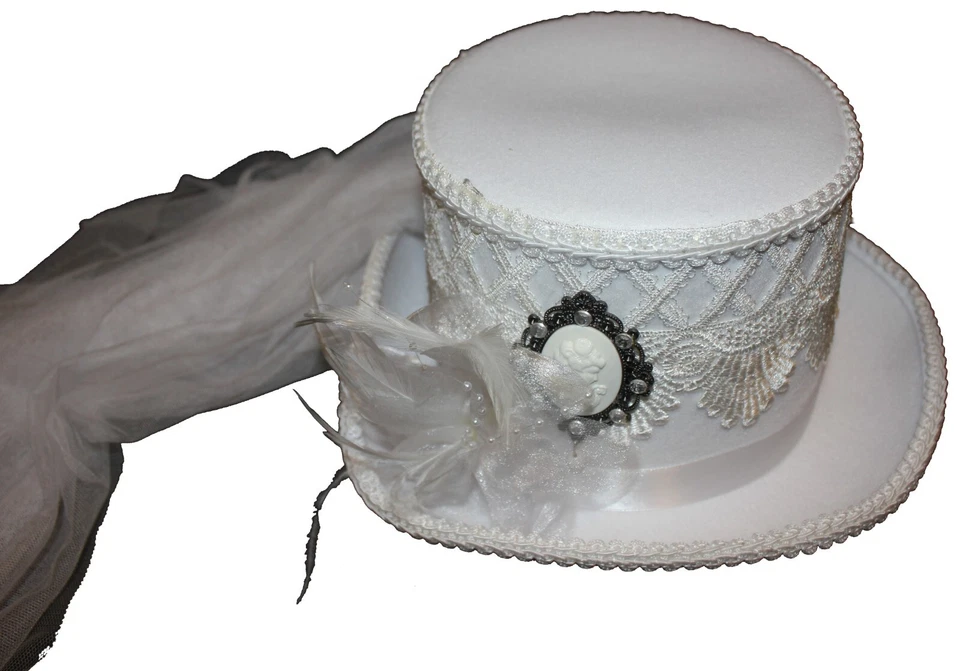 Sombrero de copa victoriano Steampunk de terciopelo de lujo de 5,5" de alto camafeo velo plumas talla única Foto 2 de 4