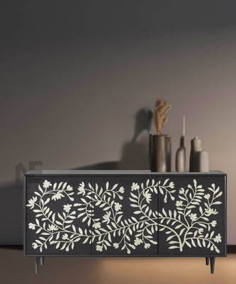 Bone Inlay Media Console   Black or Grey | Handcrafted Floral TV Cabinet