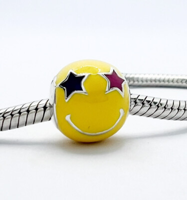 Smiley Gesicht Charm Emoji Stern Augen Gelb Bead Echt 925 Sterling Silber  
