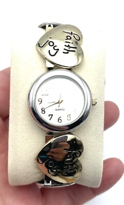 Christopher Banks Stretch Bracelet Watch Love Joy Faith Heart 2 Tone Silver Gold