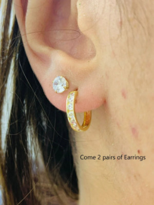Stud Huggies Hoop Earrings Yellow Solid Gold 10K 2 Pair Earrings Womens Aretes
