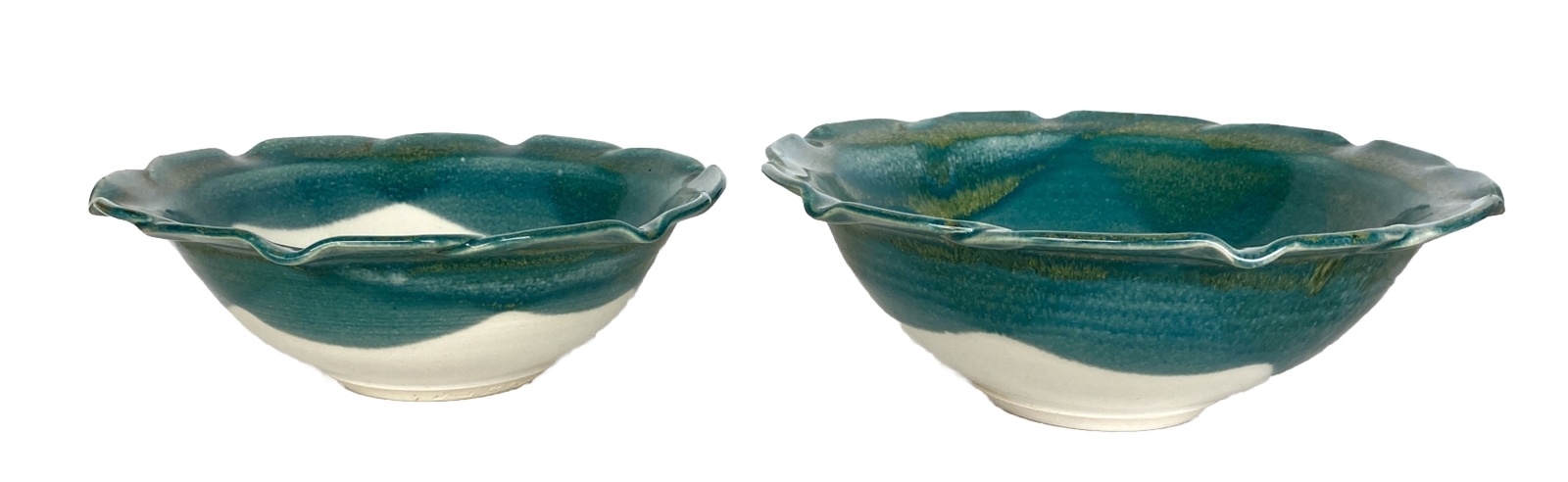 Art Pottery Pair Nesting Bowls by Janet Rodriguez in Green & White, 10+" and 8+"