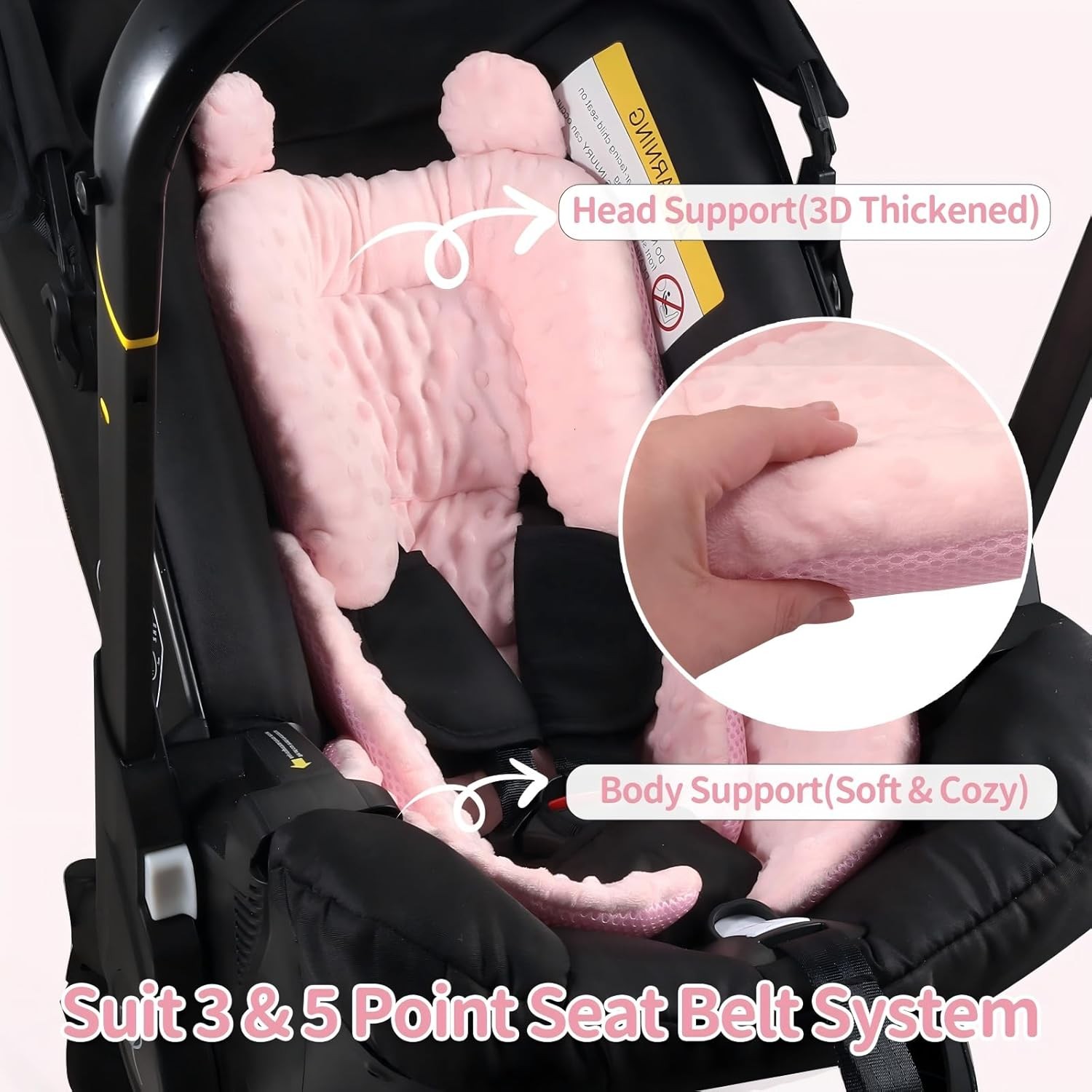 3-in-1 Reversible Car Seat Head & Body Support, Soft Infant Pillow Insert, Pink