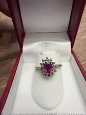 Sterling Silver Ruby Halo Ring   Size 7   Pink/Red Center Stone