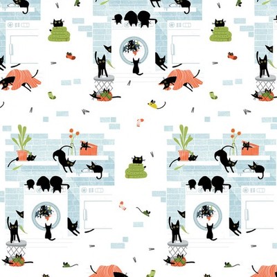 Feline Drive Fabric CATS IN THE LAUNDRY Rinse Repeat Wht Fat Quarter (18x22'') FQ