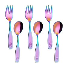 Kids Silverware Children's Safe Flatware Set 6 PCS Stainless Steel Rainbow