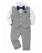 Christening Outfits for Boys Grey Dress Shirt/Vest/Bow Tie/Pants Baby New Yea...