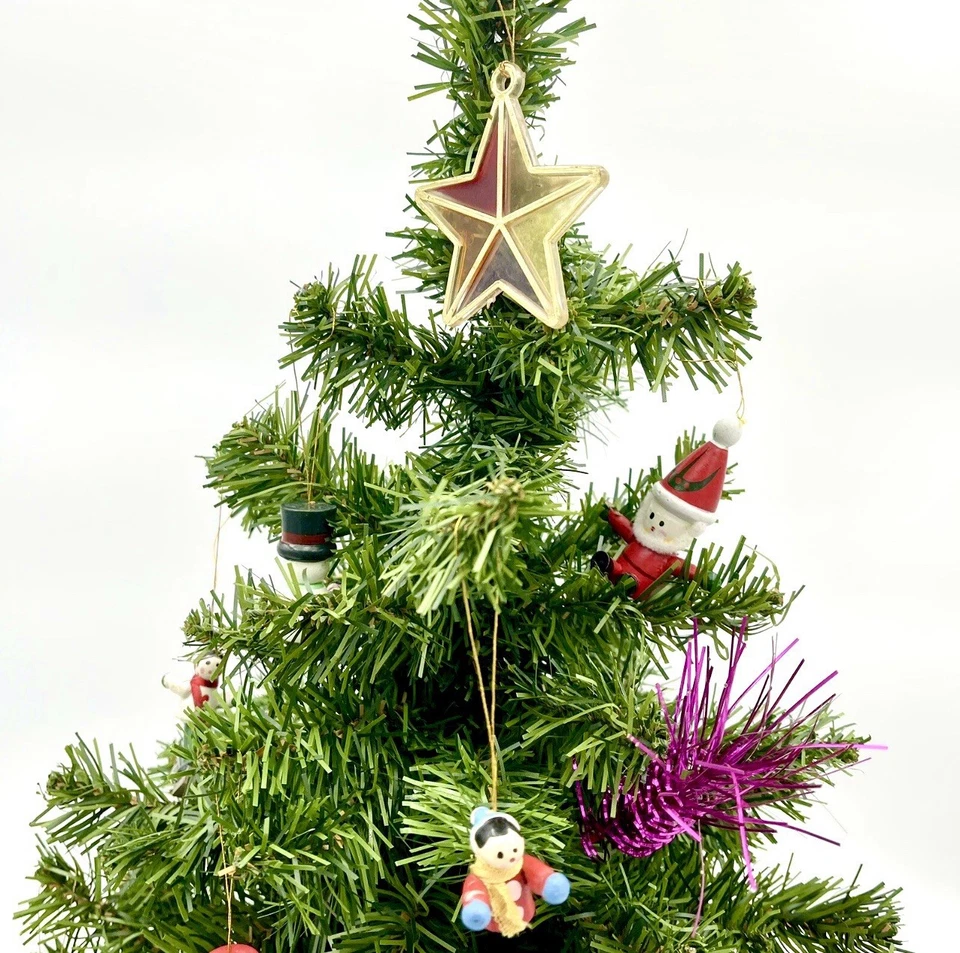 Christmas Tree Table Top With Ornaments Burlap Weighted Base Vintage - Image 3 of 4