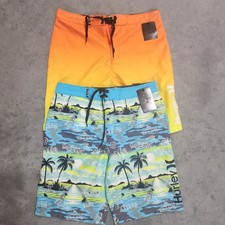 Hurley 2 Boardshorts Boys' 16/28 Ombre Orange Doodle Palm Swim 9" Inseam NWT