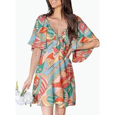 DOKOTOO NEW $45 Multi-Color Abstract Boho Tunic Mini Dress Smocked Back Large