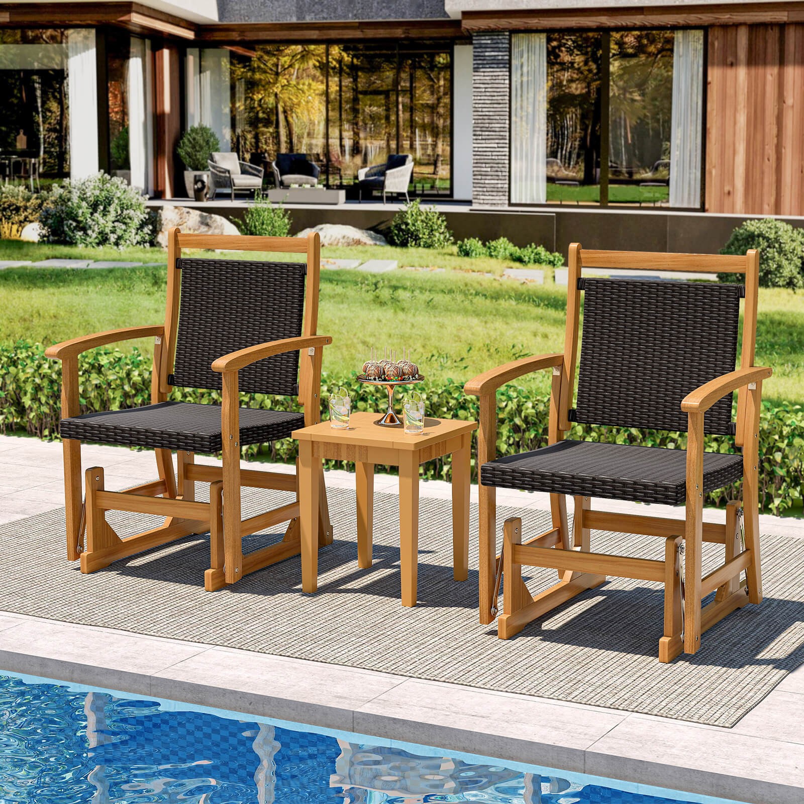Patio Rattan Glider Chair w/Acacia Wood Frame & Wicker Seat Back Curved Armrests