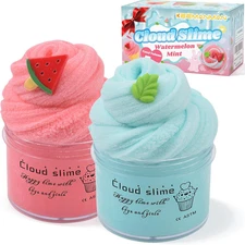 2 Pack Cloud Slime Kit with Red Watermelon and Mint Charms, Scented DIY Slime Su