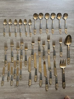 Vintage SIAM Thai Brass Niello Flatware Set Goddess Dancer Thailand 37 Pc