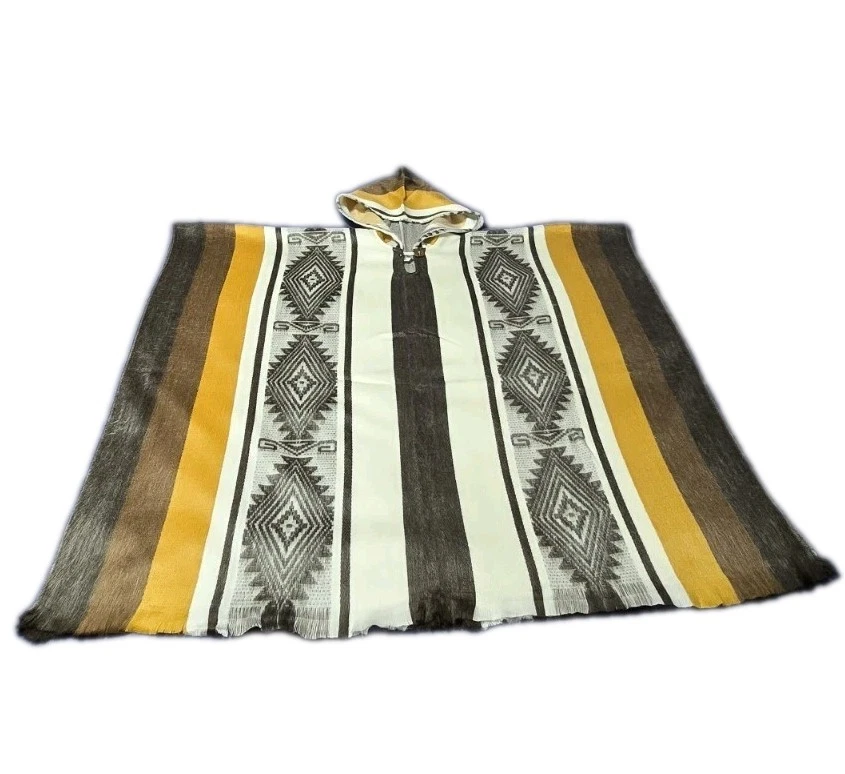 Alpaca Unisex Hooded Poncho Gold, Dark Brpwn, White Made In Ecuador
