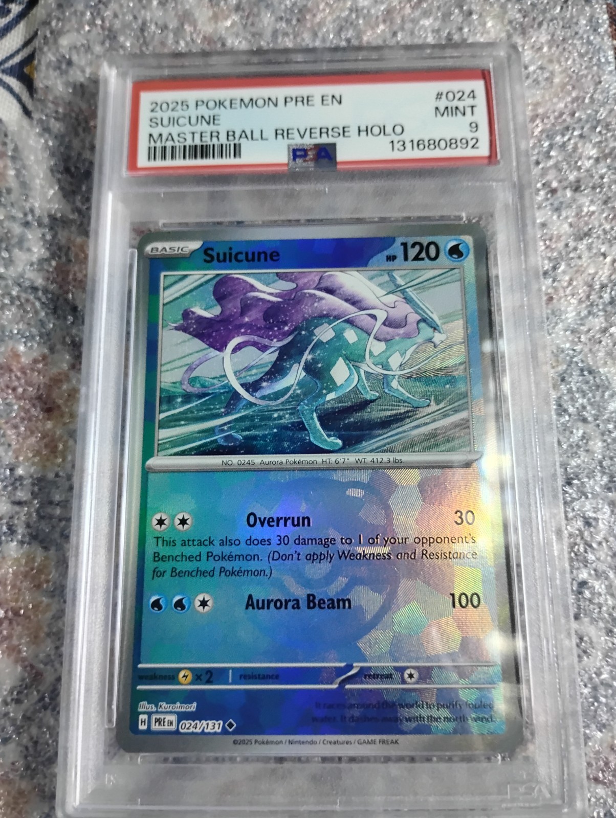 Suicune 24/131 Pokemon 2025 Prismatic Evolutions Master Ball Reverse Holo PSA 9