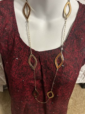 Daisy Fuentes Gold Tone Geometric Link Long Necklace Brown Enamel Statement