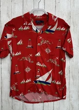 Polo Ralph Lauren Shirt Mens Medium Red Nautical Sailboat Viscose Camp Button