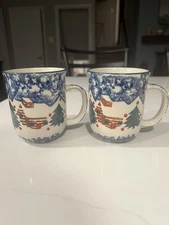 Vintage Folk Craft Cabin In The Snow Tienshan Christmas Holiday Mug Cup Set of 2