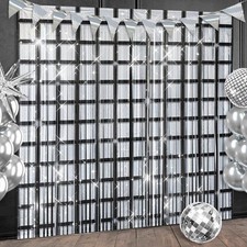 Disco Party Backdrop Decorations, 4 Pack Black Silver Foil Fringe Curtains for