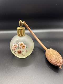 Vintage Frosted Glass Hand Painted Floral Perfume Atomiser Bottle 1950s 70s