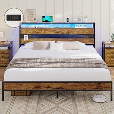 5ft Metal Bed Frame with Wooden Headboard, King Size Bed Frame with LED Lights a
