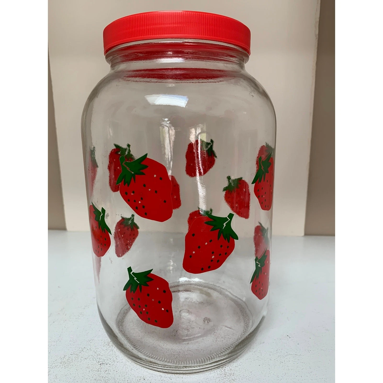 Large Vintage 4 Quart Strawberry Glass Canister with Screw On Lid