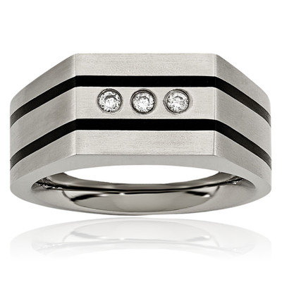 Titanium Black Cubic Zirconia Signet Ring Round Cut, Prong Set, Polished