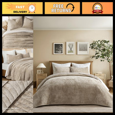 Luxury Velvet King Size Quilt Set - Soft Beige Taupe Bedding, Cozy Comforter