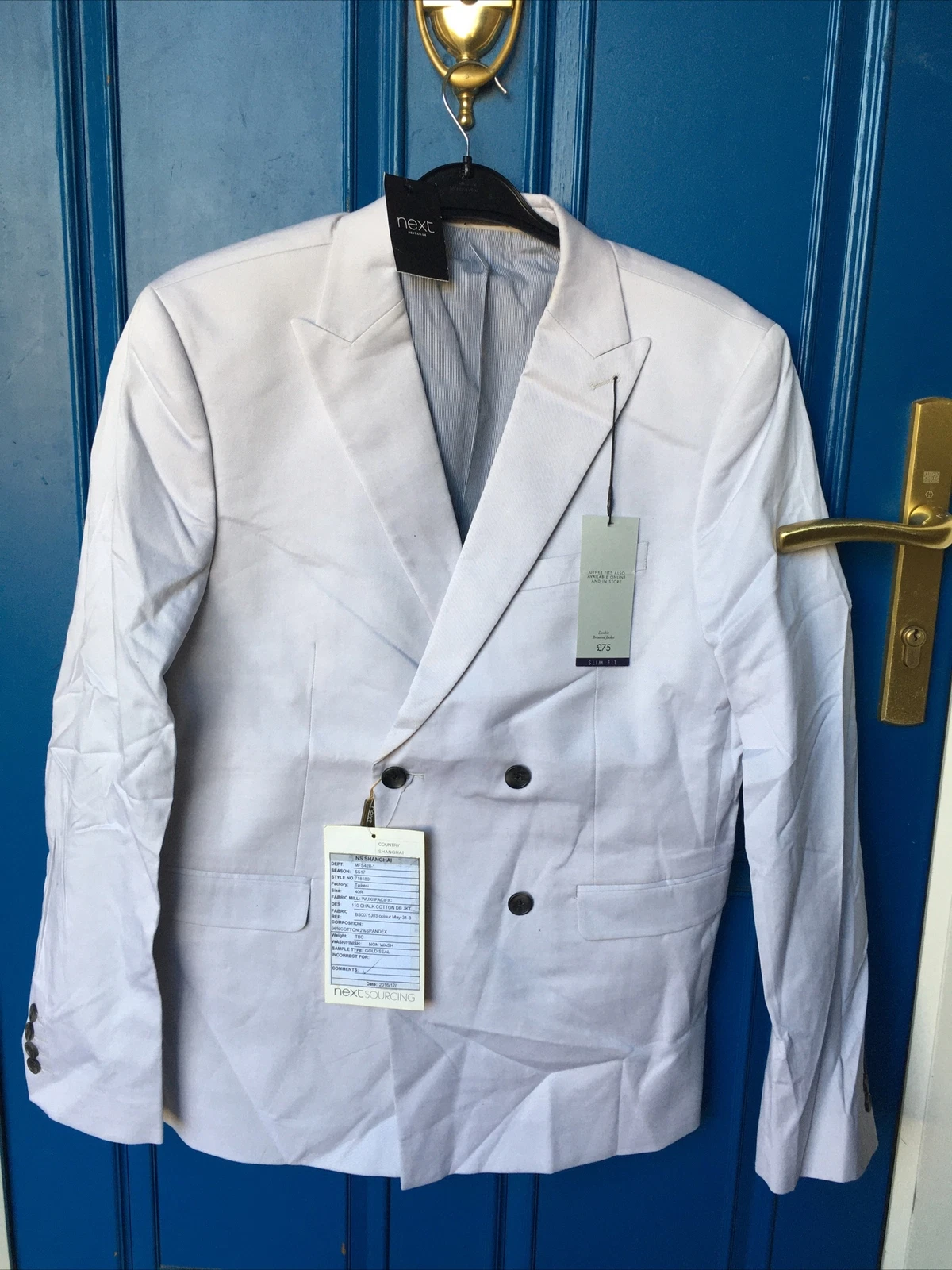 New NEXT Light Grey/Chalk Slim Fit Cotton Double Breasted Jacket Size 40R