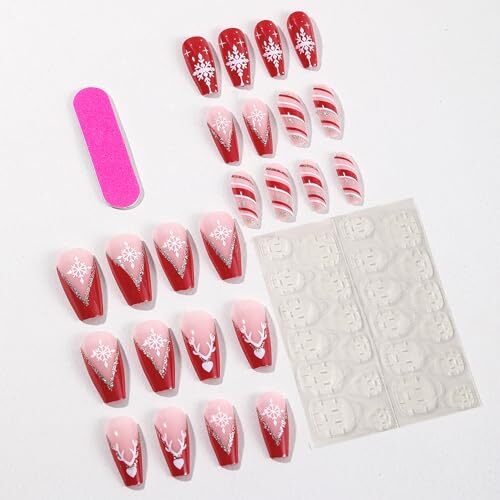 24 Pcs Christmas Press on Nails Medium Coffin Fake Nails Glitter Style 7 - Picture 2 of 7