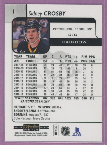 2017 17-18 OPC O-PEE-CHEE PLATINUM RAINBOW PENGUINS SIDNEY CROSBY #1 - Foto 2 di 2