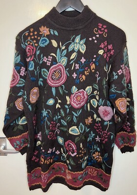 Vintage 100% Wool Monsoon Chunky Knit Floral Long Multi