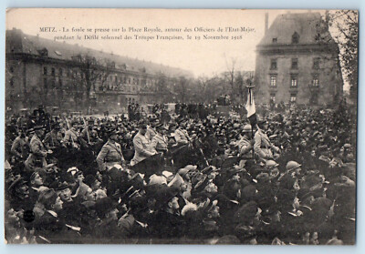 Metz France Postcard Crowds Gathered on Place Royal for Solemn Parade 1918