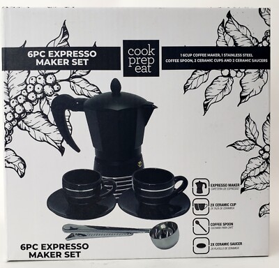6 piece ESPRESSO MAKER SET by Cook Prep Eat 2 cups 2 suacers spoon & maker