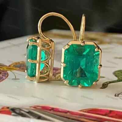 4Ct Lab-Created Emerald Solitaire Leverback Drop Earrings 14K Yellow Gold Plated