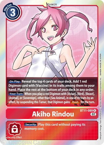 BT11-089 Akiho Rindou :: Rare :: BT11: Dimensional Phase :: Mint Digimon Card