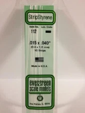 Evergreen # 112 Styrene Strip .015" Thick - 14" Long; pkg(10) x .040"A Scale MIB
