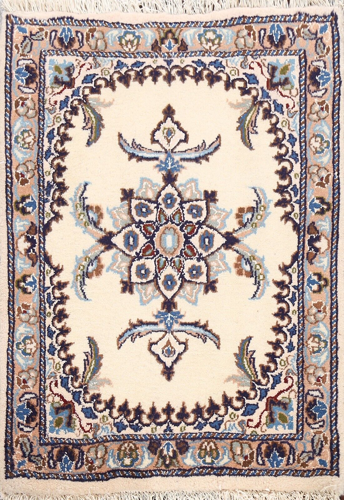 Vintage IVORY Geometric Nain Wool/ Silk Area Rug Handmade Oriental Carpet 2'x3'