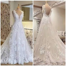 Exquisite Wedding Dresses V-Neck Backless Lace Applique A-Line Bride Gowns Train