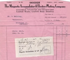 THE MAGNETO ACCUMULATOR & ELECTRO-PLATING CO.Dumfresi 1942 Invoice&Receipt 48703