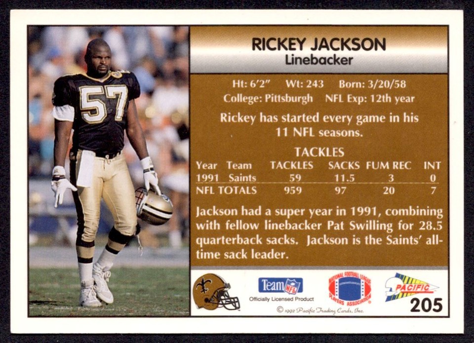 1992 Pacific Rickey Jackson New Orleans Saints #205 | eBay