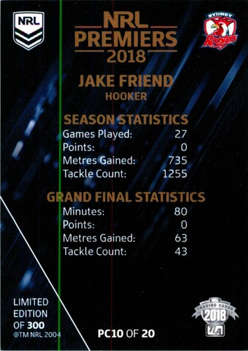2018 SYDNEY ROOSTERS NRL Premiers Card JAKE FRIEND - Bild 2 von 3