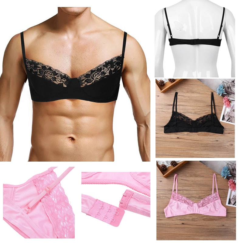 Men's Smooth Satin Lace Lingerie Wire-Free Top Bra Crossdress Male Training  Bra